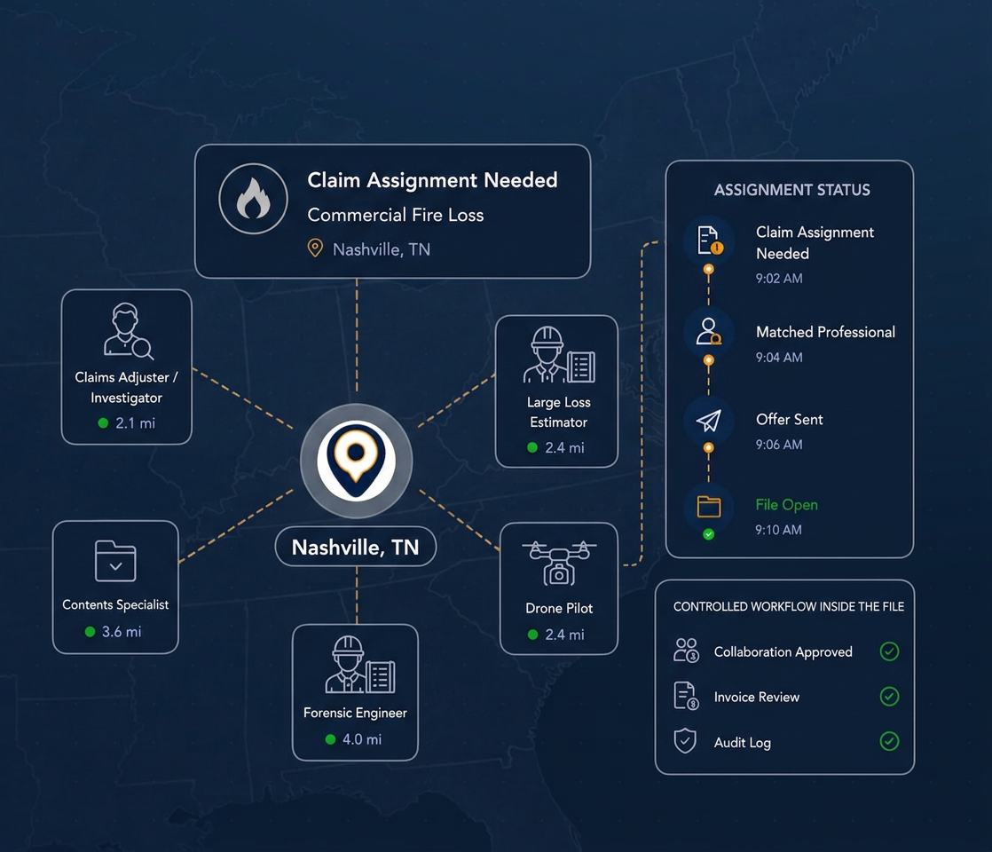 Assign2Field map showing a Nashville commercial fire assignment matched to nearby credential-reviewed professionals with assignment status and controlled workflow